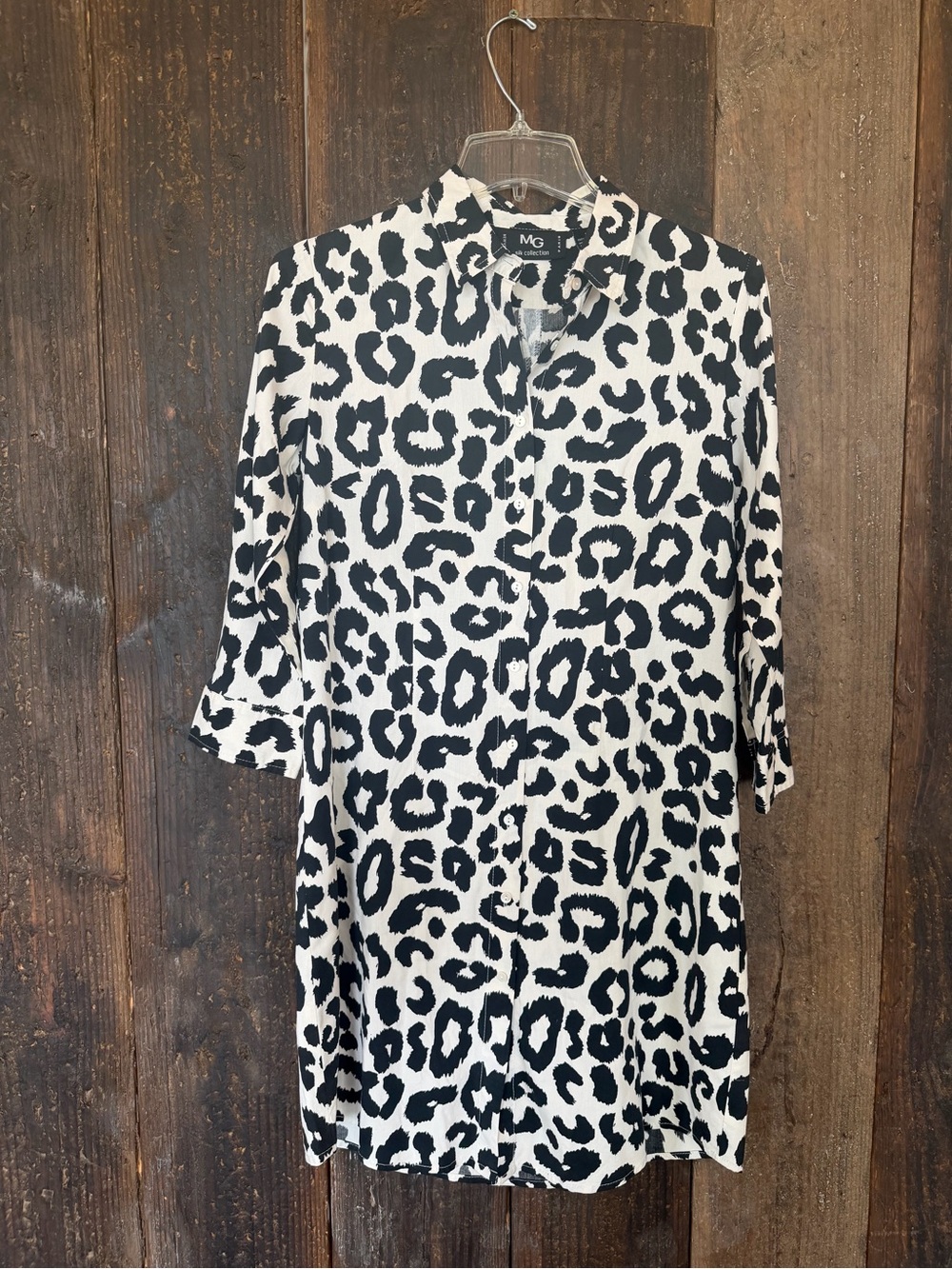 MG Silk Collection Leopard Print Shirt Dress Med Silk Black Ivory Button Down